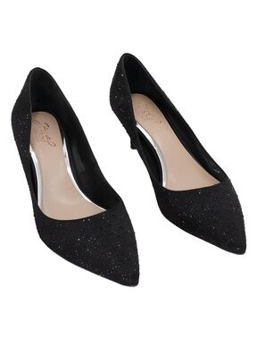 Jewel Badgley Mischka Frenchie Black Satin Rhinestone Kitten Heel Pumps Size 9M